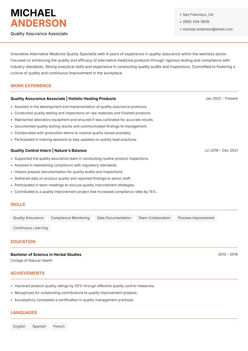 Alternative Medicine Quality Specialist resume template — Modern Professional