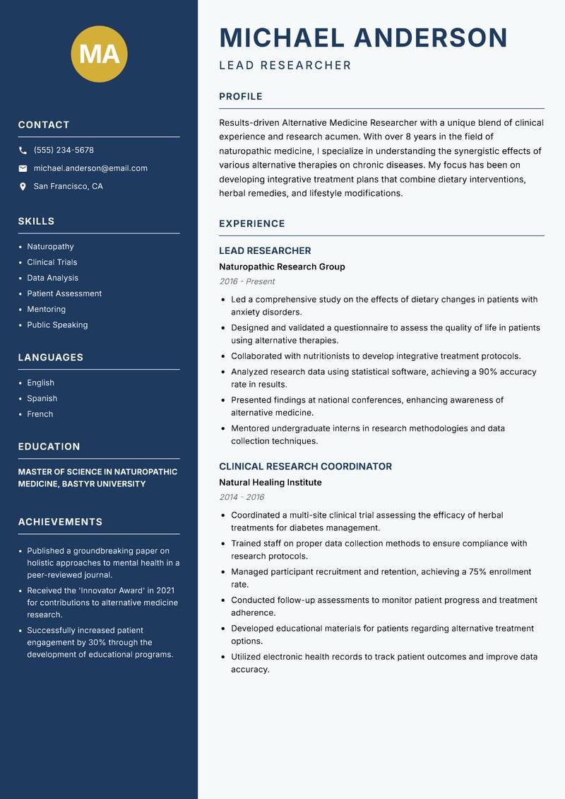 Alternative Medicine Researcher resume template — Classic Clean