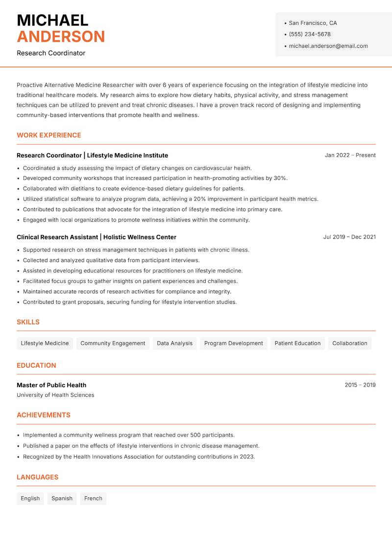 Alternative Medicine Researcher resume template — Modern Professional