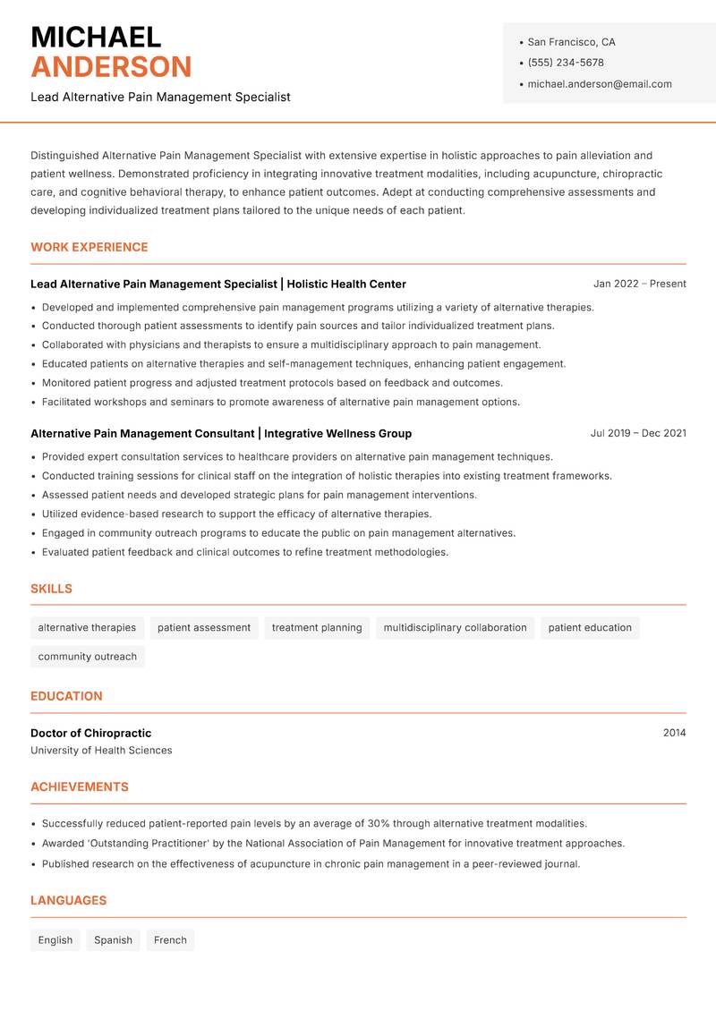 Alternative Pain Management Specialist resume template — Modern Professional