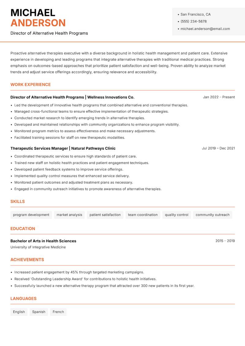 Alternative Therapies Executive resume template — Modern Professional