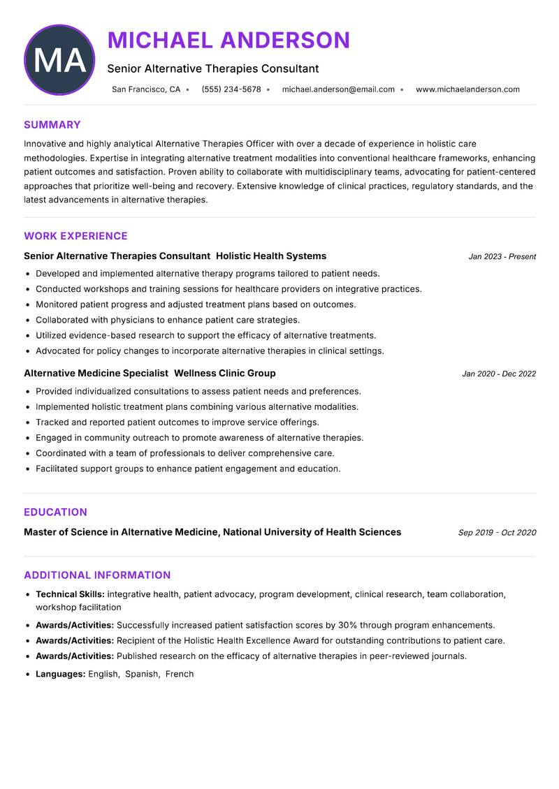 Alternative Therapies Officer resume example — ATS-friendly template