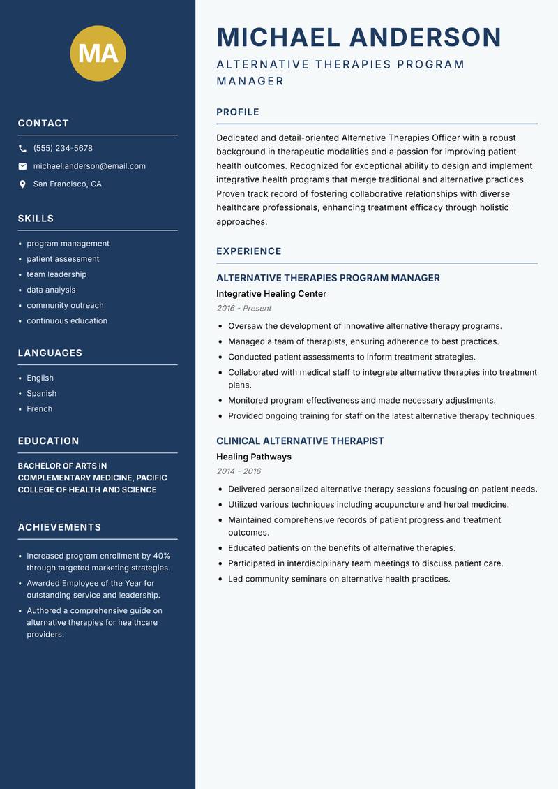 Alternative Therapies Officer resume template — Classic Clean