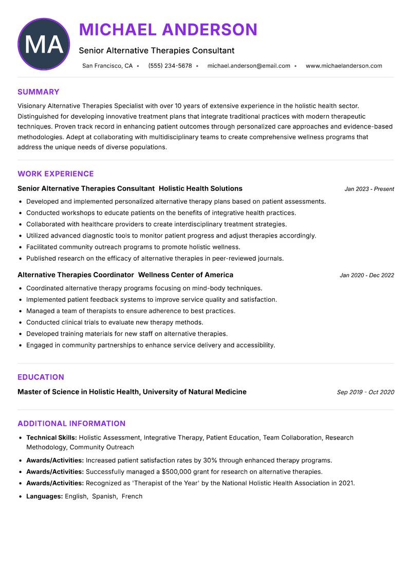 Alternative Therapies Specialist resume example — ATS-friendly template
