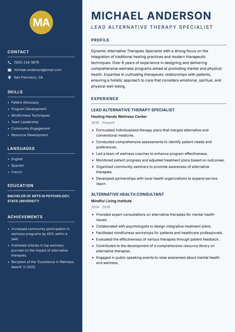 Alternative Therapies Specialist resume template — Classic Clean