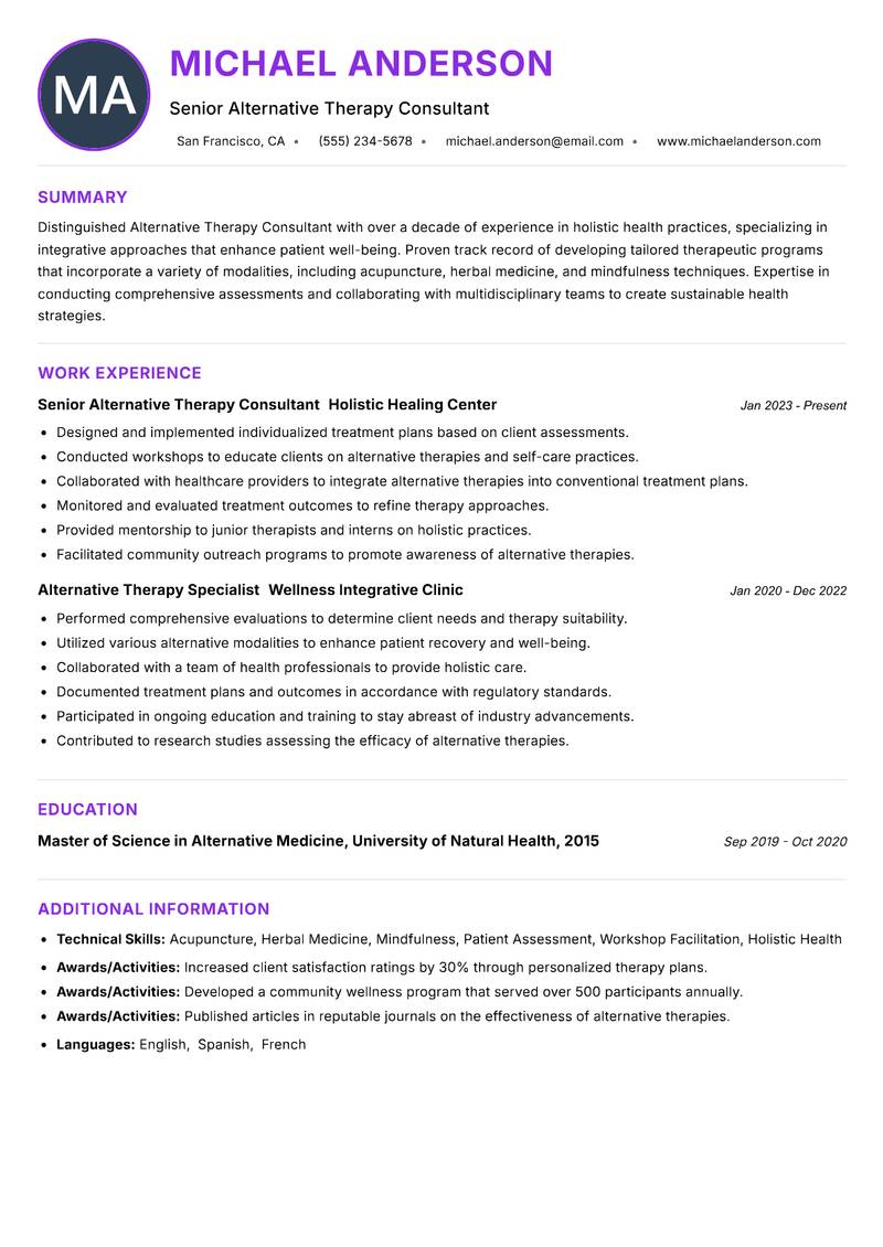 Alternative Therapy Consultant resume example — ATS-friendly template
