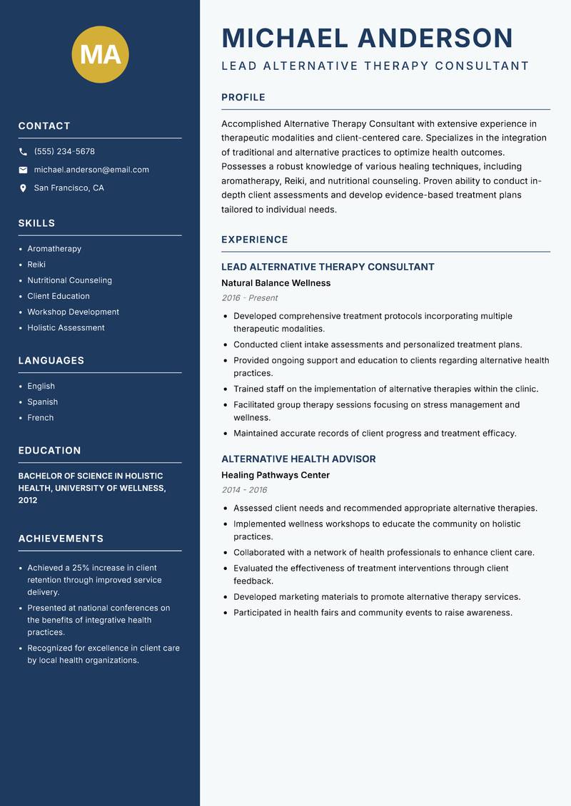 Alternative Therapy Consultant resume template — Classic Clean