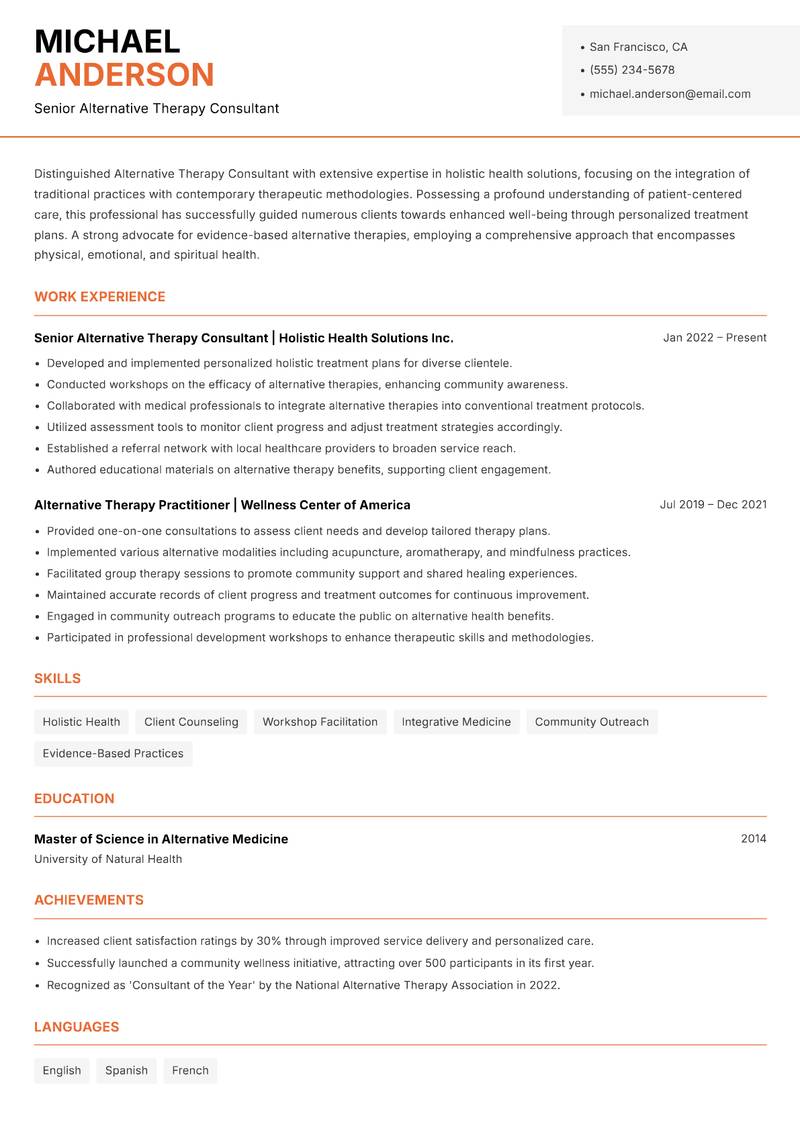 Alternative Therapy Consultant resume template — Modern Professional