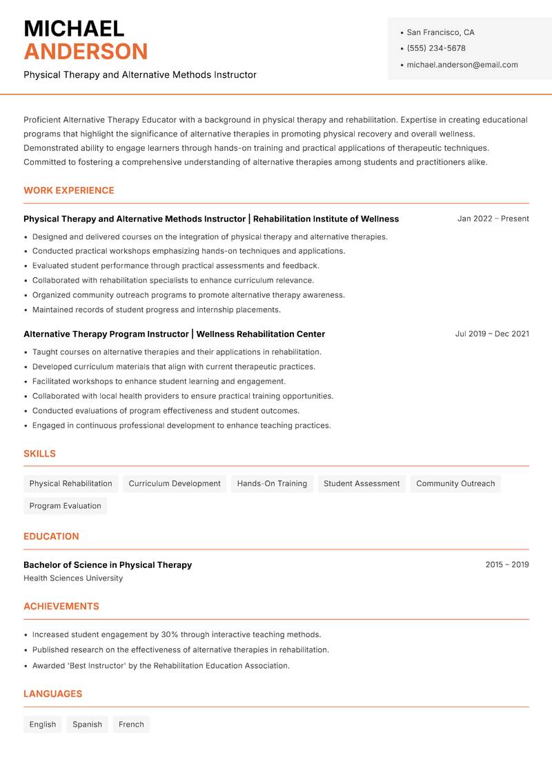 Alternative Therapy Educator resume template — Modern Professional