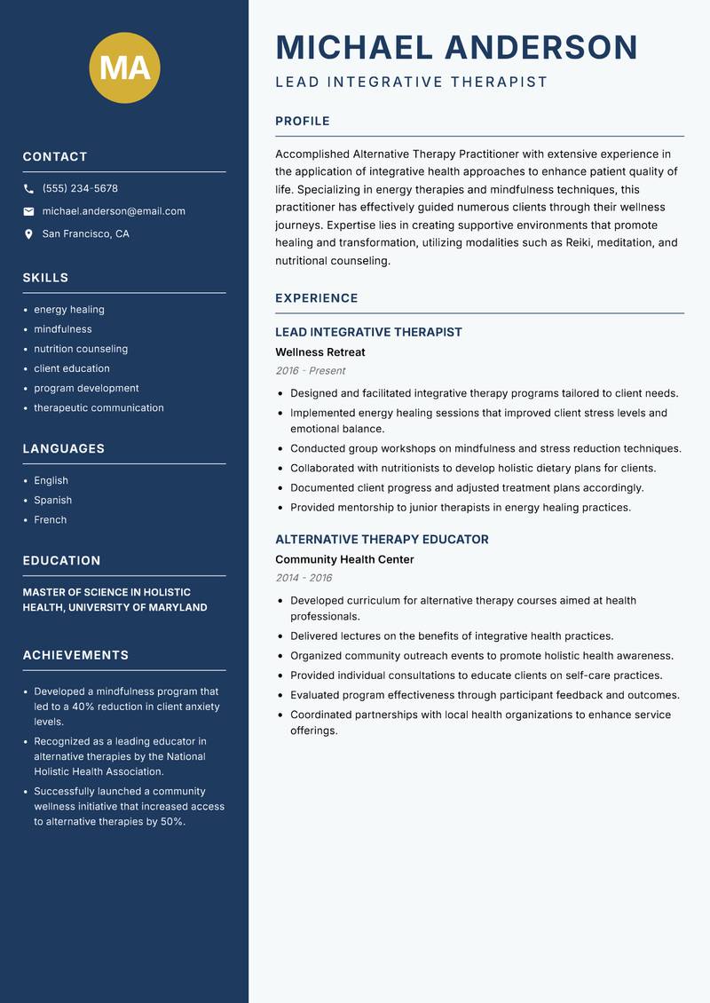 Alternative Therapy Practitioner resume template — Classic Clean