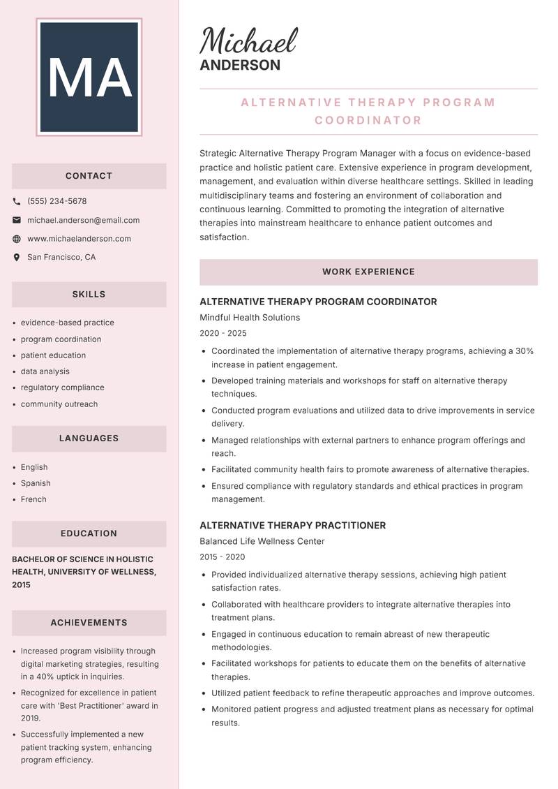 Alternative Therapy Program Manager resume template — Executive
