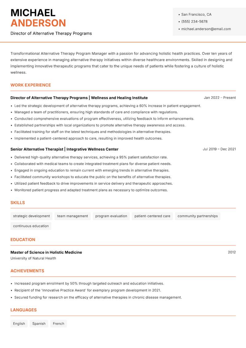 Alternative Therapy Program Manager resume template — Modern Professional