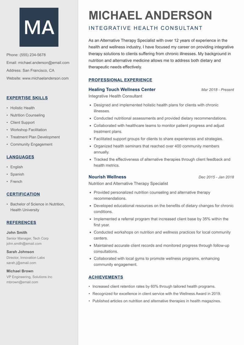 Alternative Therapy Specialist resume template — Creative Minimal