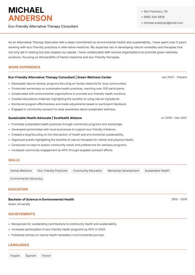 Alternative Therapy Specialist resume template — Modern Professional