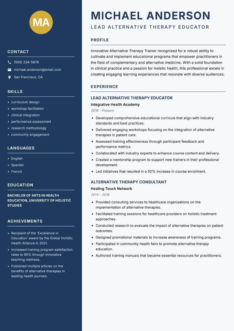 Alternative Therapy Trainer resume template — Classic Clean