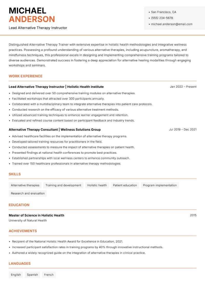 Alternative Therapy Trainer resume template — Modern Professional