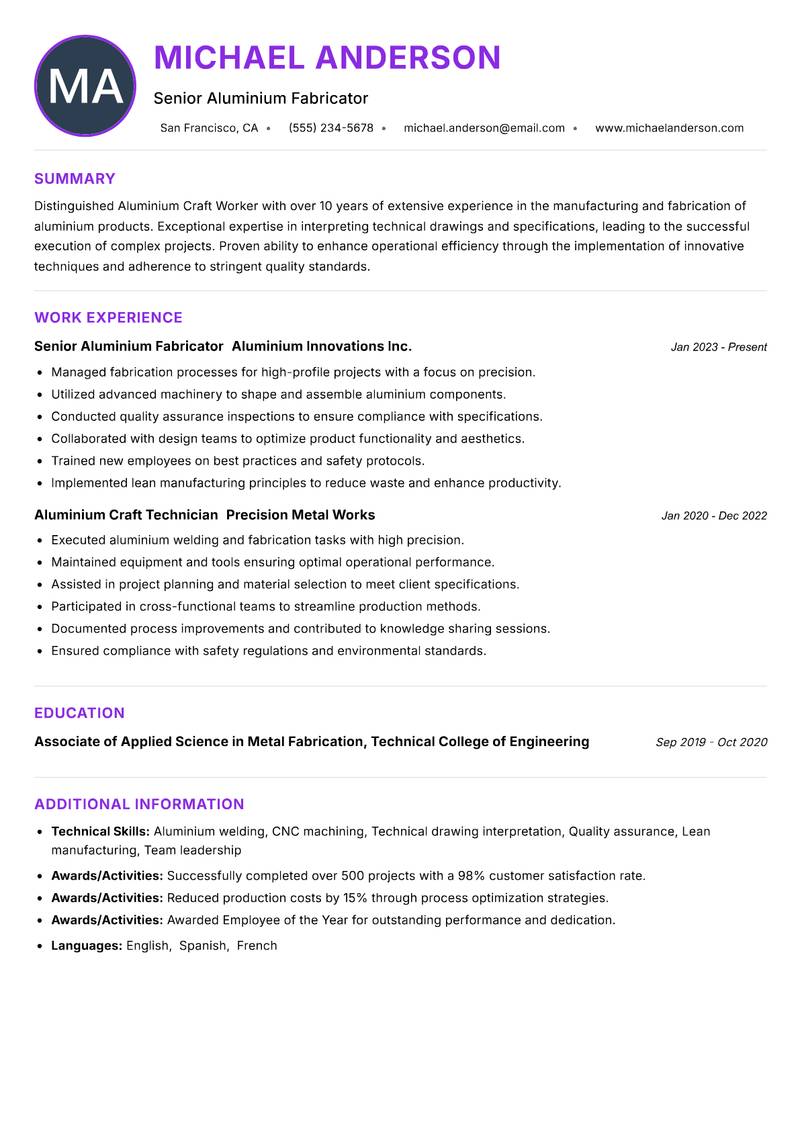 Aluminium Craft Worker resume example — Metal Crafts