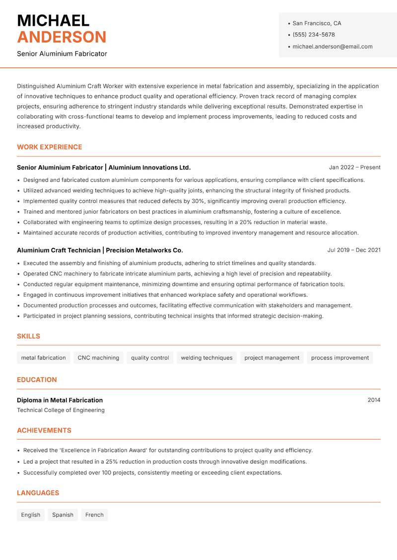 Aluminium Craft Worker resume template — Modern Professional