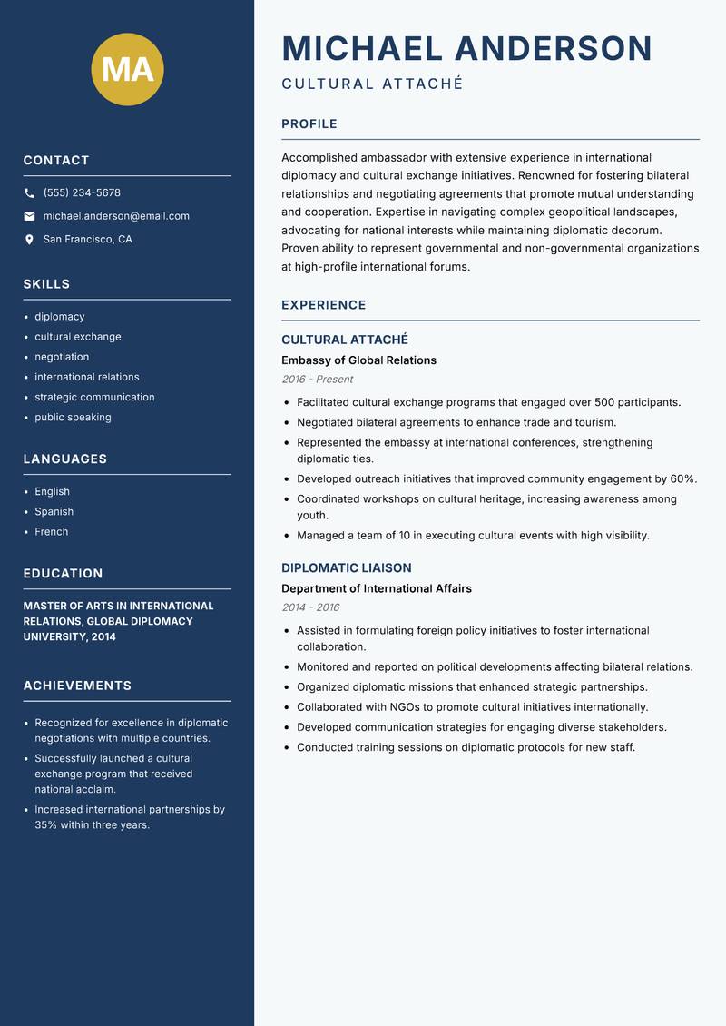 Ambassador resume template — Classic Clean