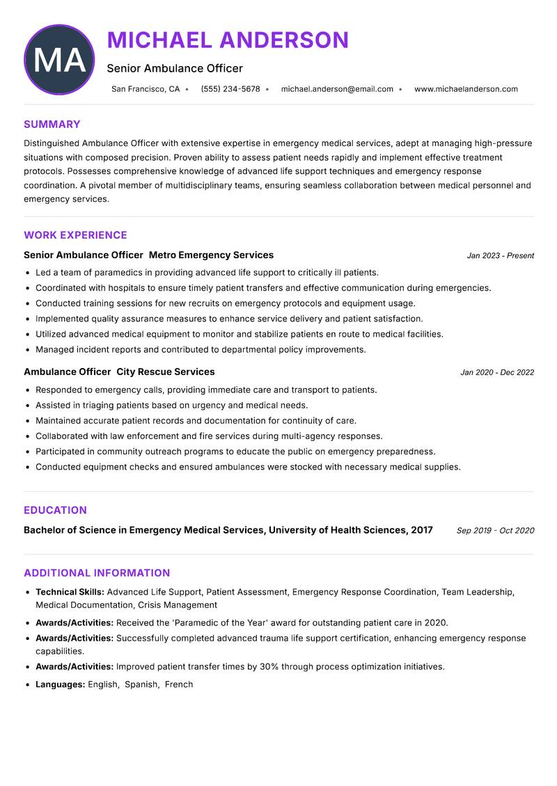 Ambulance Officer resume example — ATS-friendly template