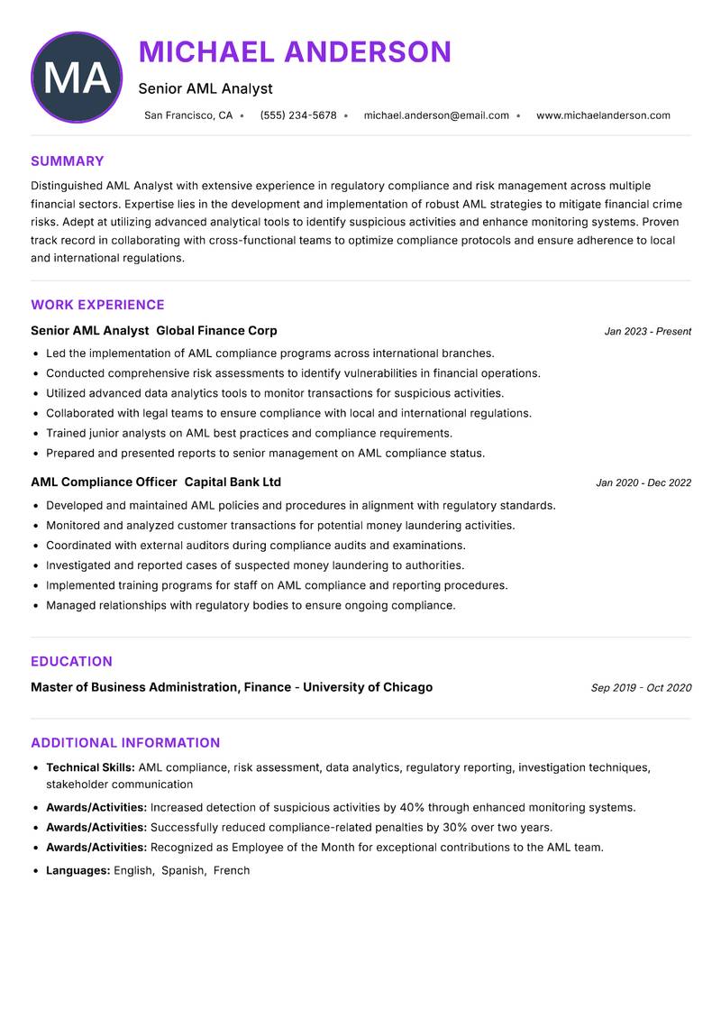 AML Analyst resume example — Banking