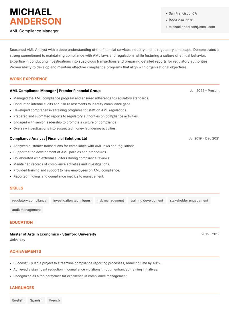 AML Analyst resume template — Modern Professional