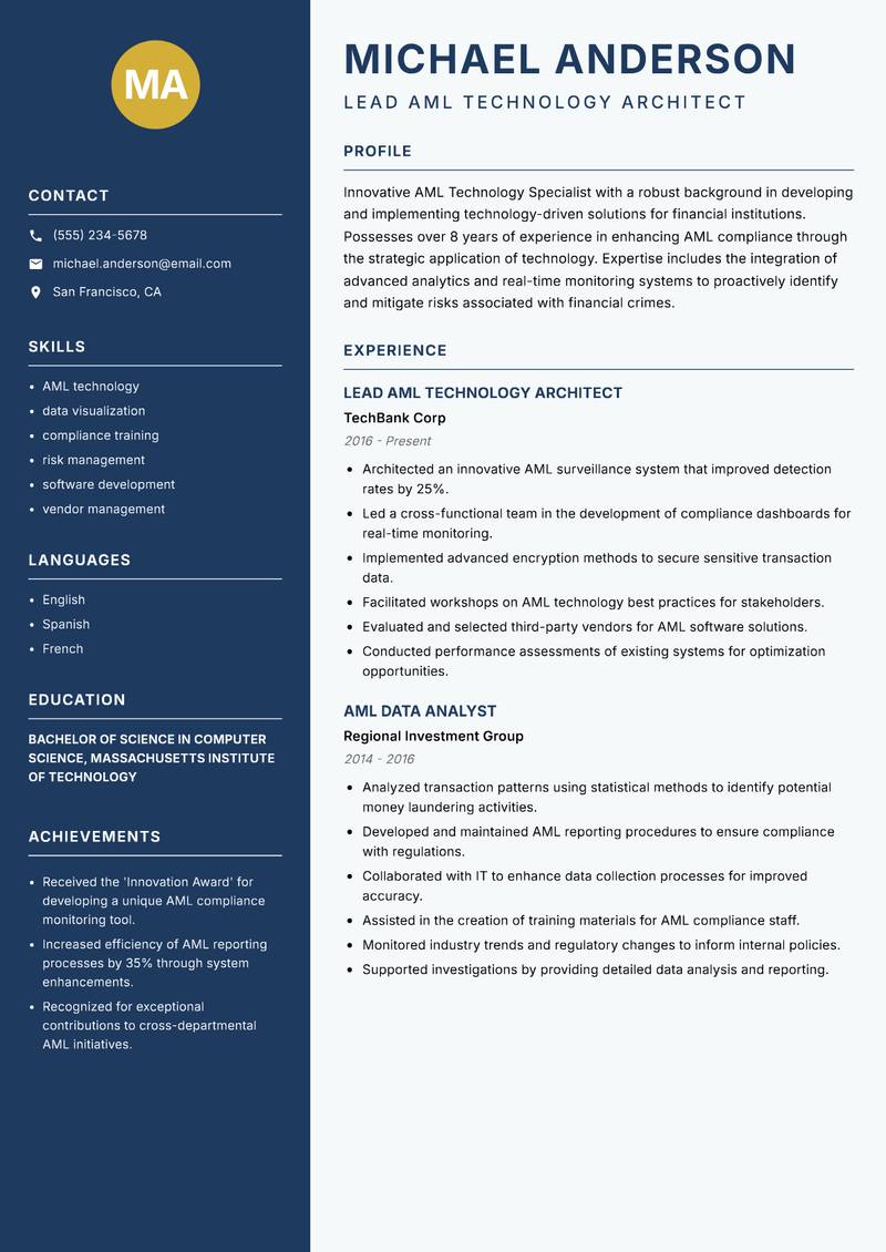 AML Technology Specialist resume template — Classic Clean