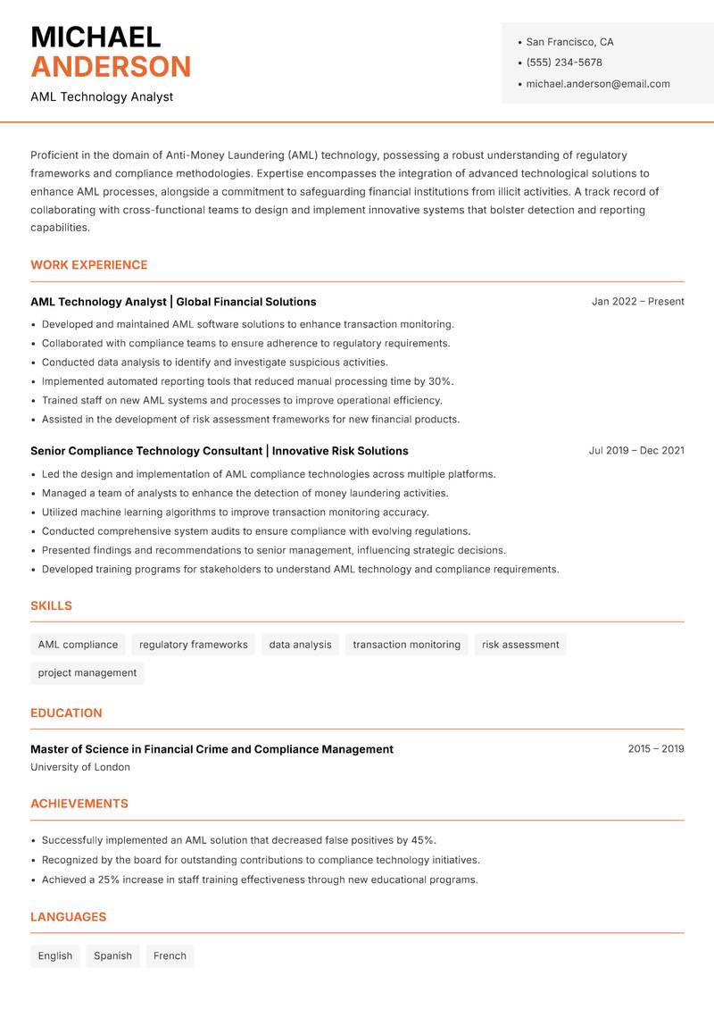 AML Technology Specialist resume template — Modern Professional
