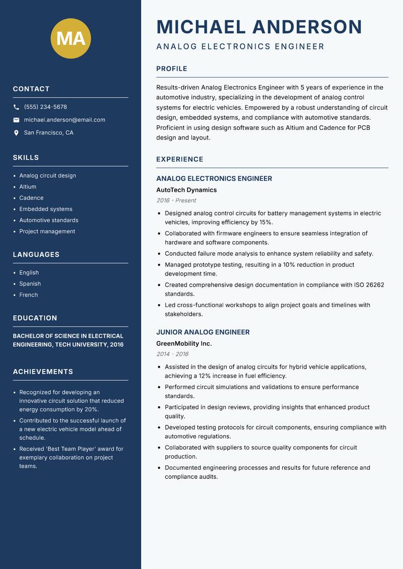 Analog Electronics Engineer resume template — Classic Clean