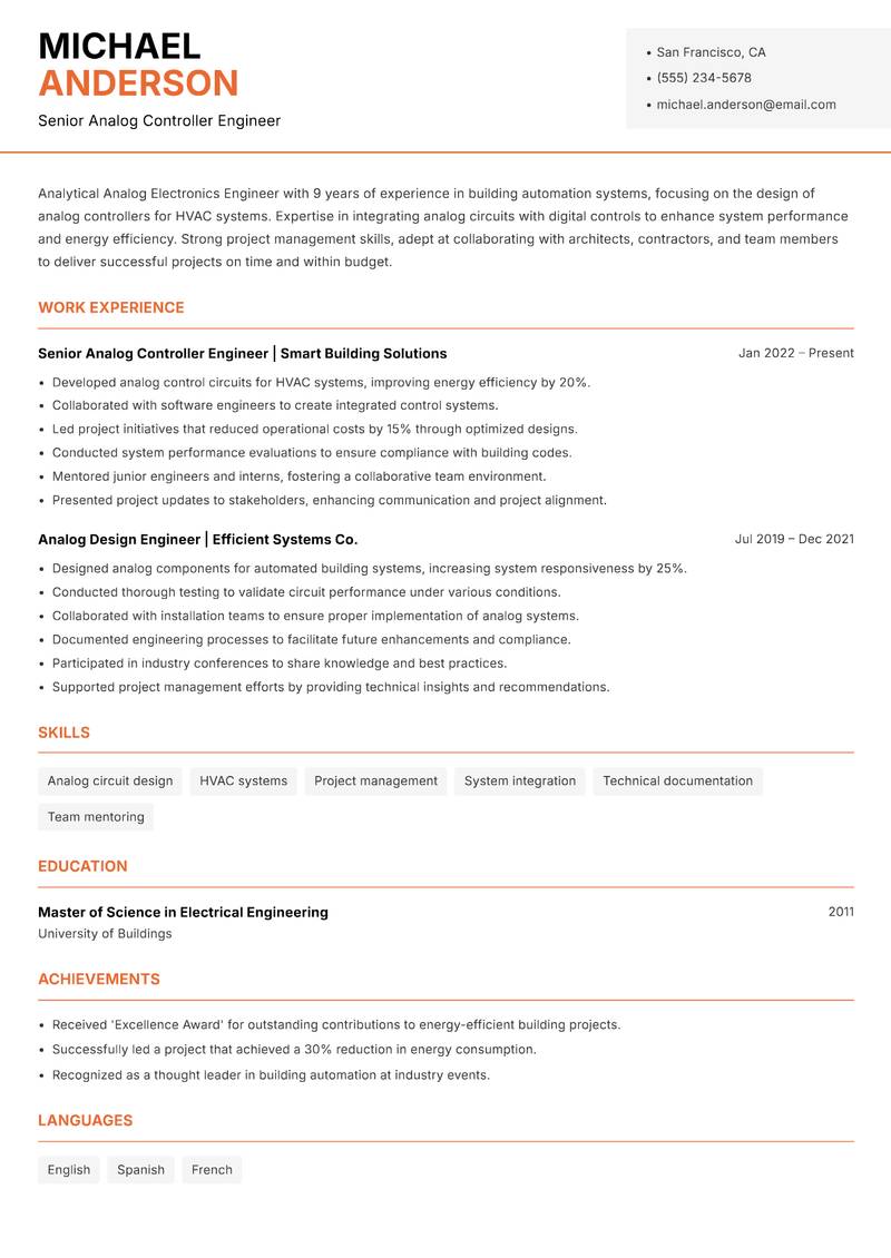 Analog Electronics Engineer resume template — Modern Professional