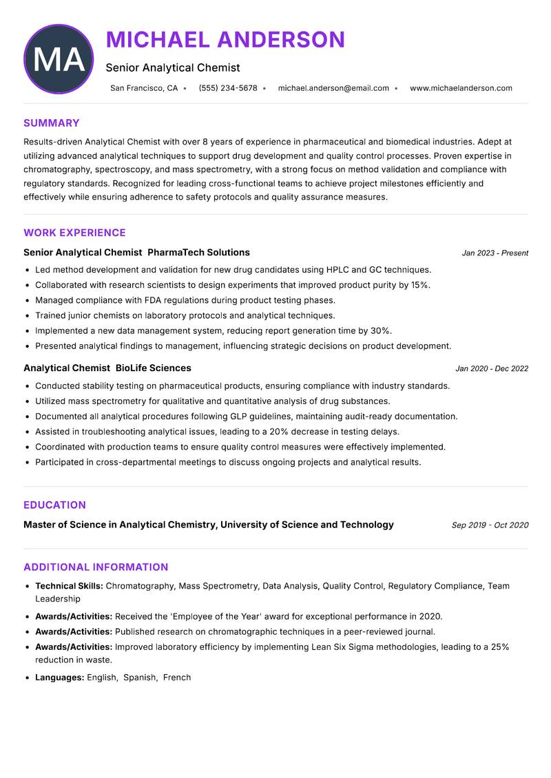 Analytical Chemist resume example — Chemical Sciences