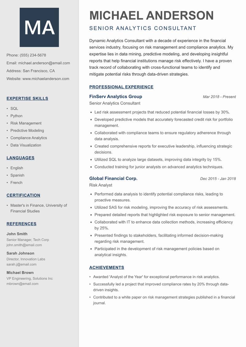Analytics Consultant resume template — Creative Minimal