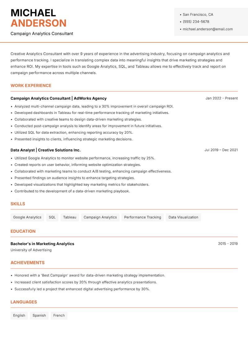 Analytics Consultant resume template — Modern Professional