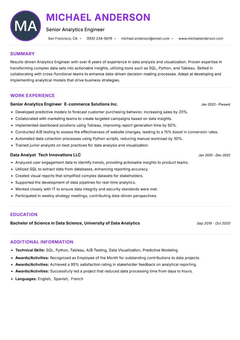 Analytics Engineer resume example — ATS-friendly template