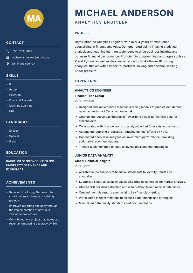 Analytics Engineer resume template — Classic Clean
