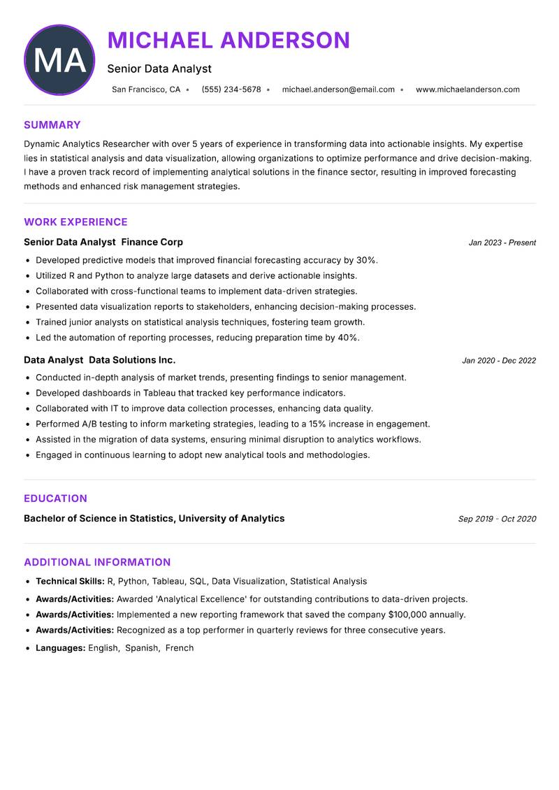 Analytics Researcher resume example — ATS-friendly template