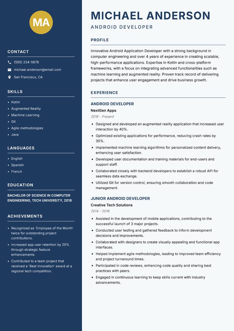 Android Application Developer resume template — Classic Clean