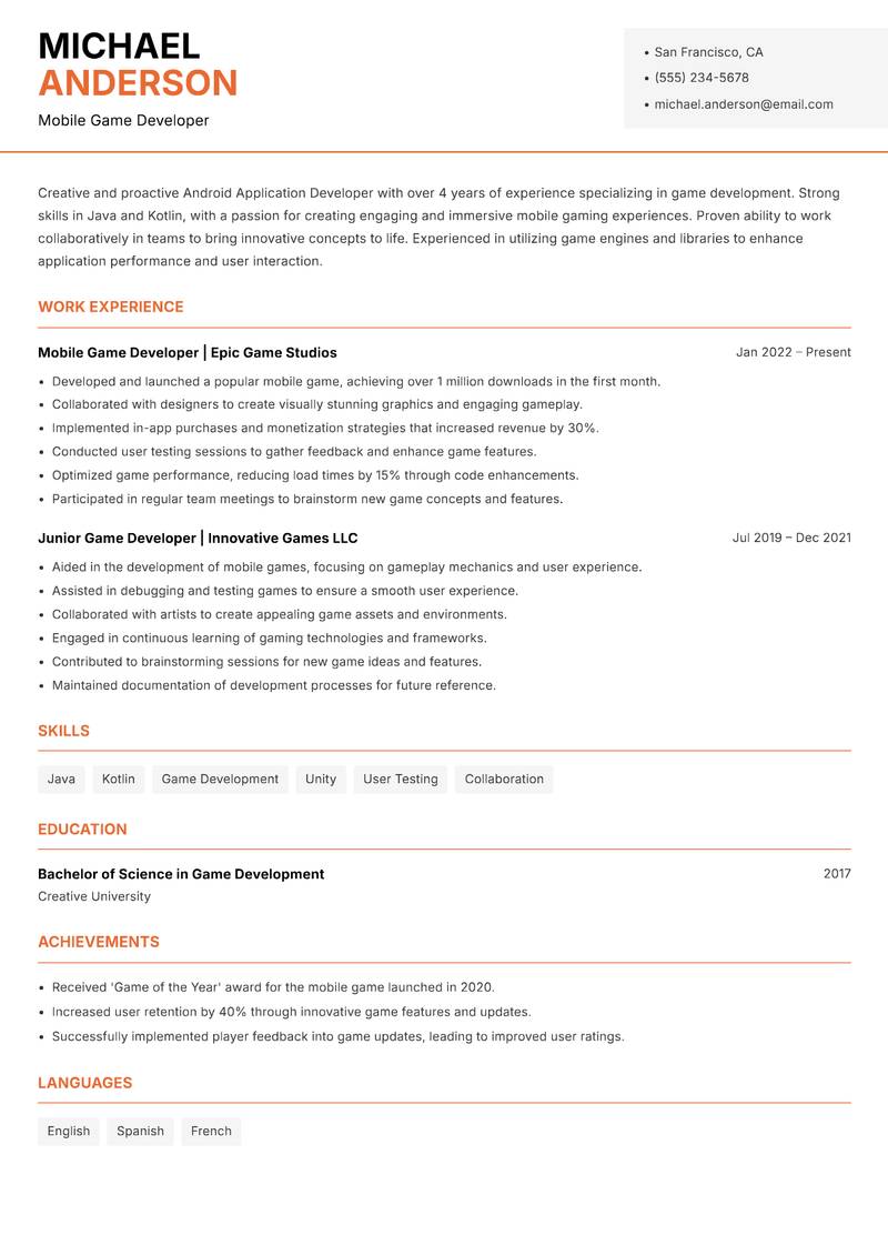 Android Application Developer resume template — Modern Professional
