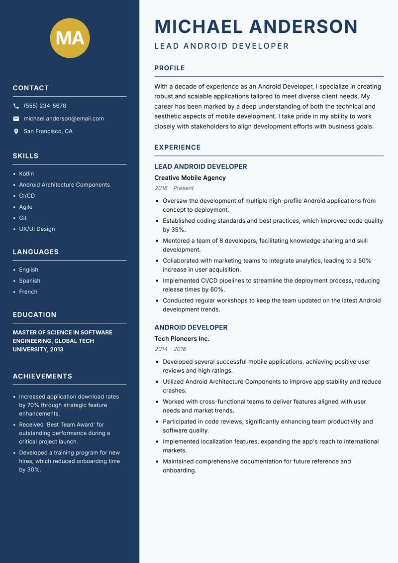 Android Developer resume template — Classic Clean