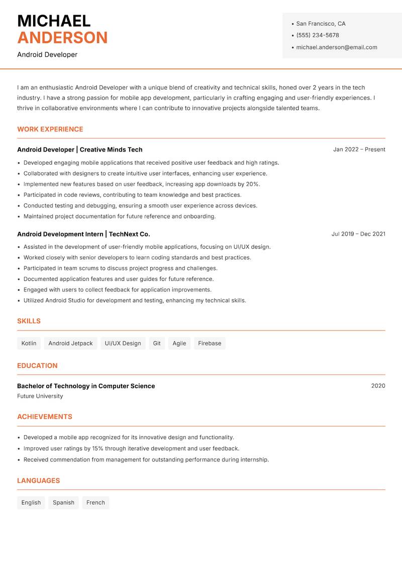 Android Developer resume template — Modern Professional