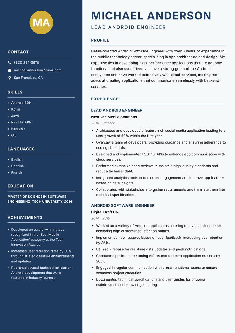 Android Software Engineer resume template — Classic Clean