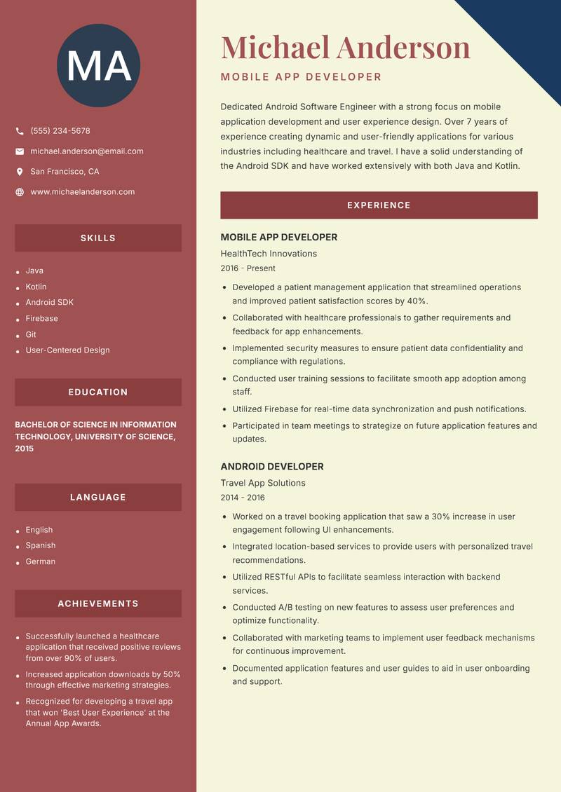 Android Software Engineer resume template — Two Column