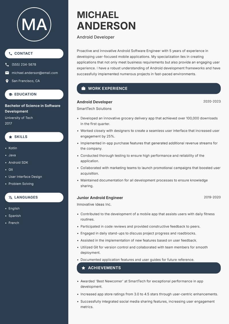Android Software Engineer resume template — Compact