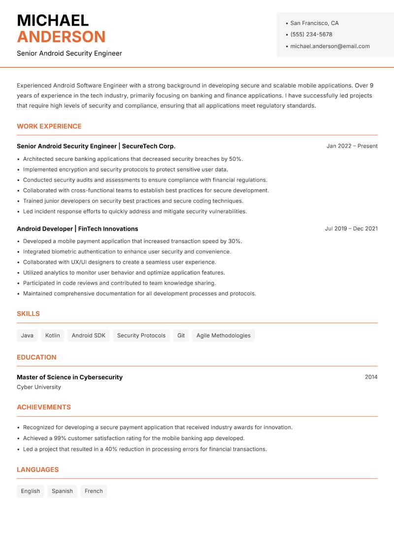 Android Software Engineer resume template — Modern Professional