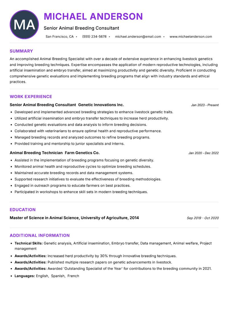 Animal Breeding Specialist resume example — ATS-friendly template