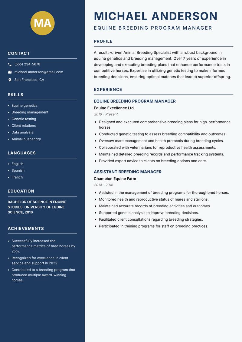 Animal Breeding Specialist resume template — Classic Clean