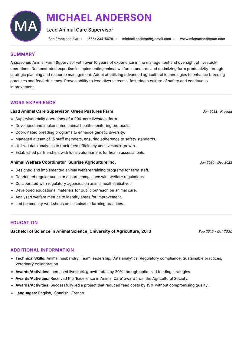 Animal Farm Supervisor resume example — ATS-friendly template
