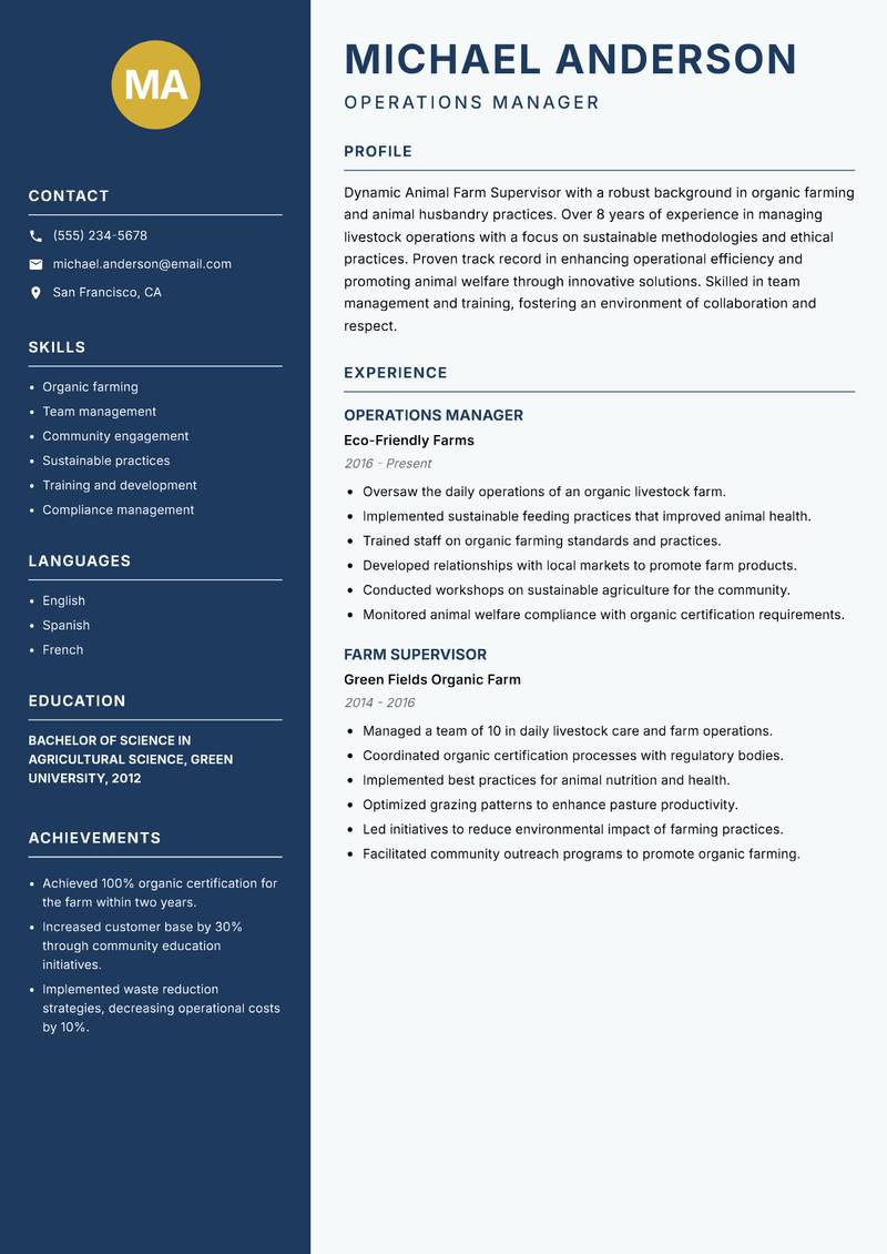 Animal Farm Supervisor resume template — Classic Clean
