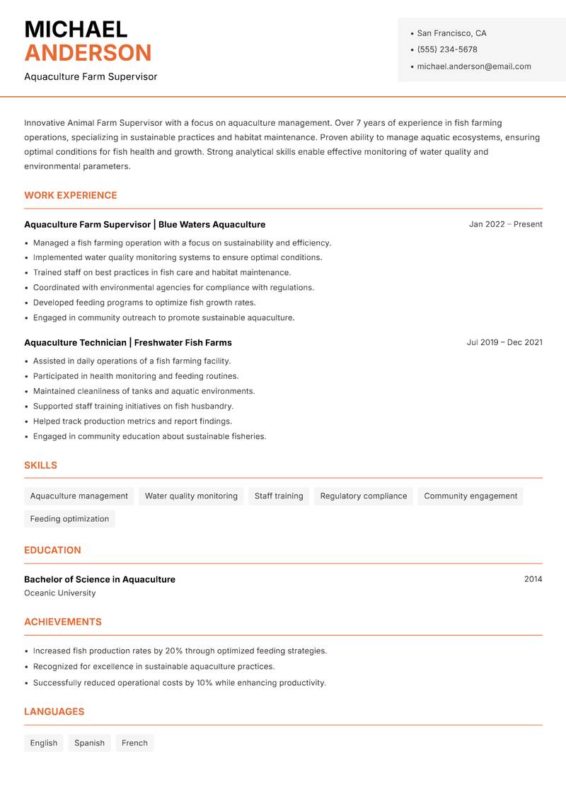 Animal Farm Supervisor resume template — Modern Professional