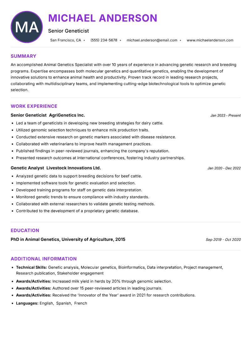 Animal Genetics Specialist resume example — ATS-friendly template